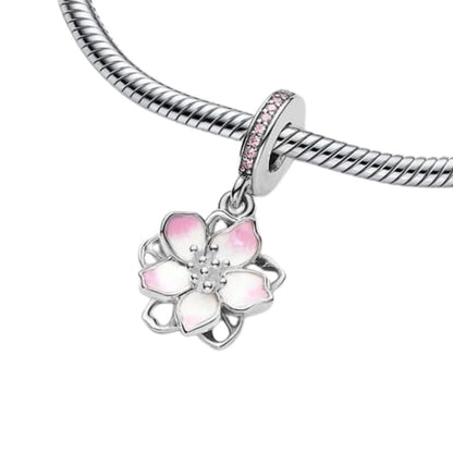 Feitery Cherry Blossom Dangle Charm Heart Pendant Bracelet for Mother's Day