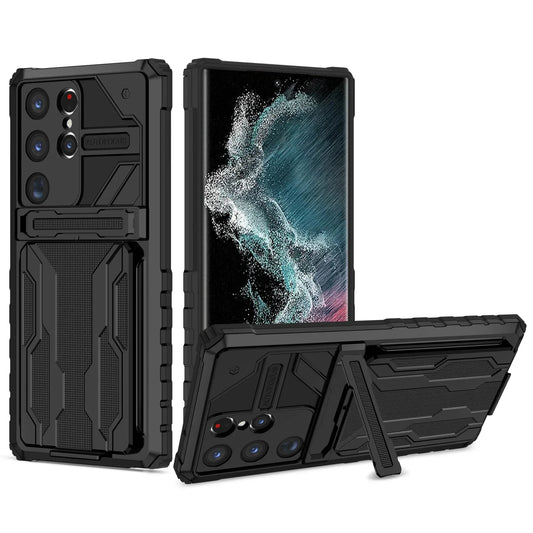 Samsung Kickstand Hülle für S24-S23-S22-S21 Ultra | mit integriertem Kreditkartenhalter (Schwarz)