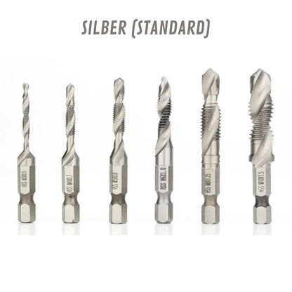 6-teilig Titanbeschichtete HSS-Bohrer mit Tap-Bits | M3-M10, Metrische Gewinde (Silber-Standard)