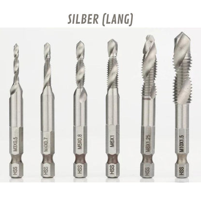 6-teilig Titanbeschichtete HSS-Bohrer mit Tap-Bits | M3-M10, Metrische Gewinde (Silber-Lang)