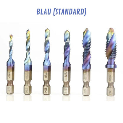 6-teilig Titanbeschichtete HSS-Bohrer mit Tap-Bits | M3-M10, Metrische Gewinde (Blau-Standard)