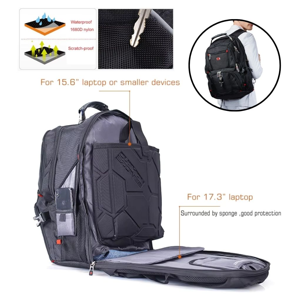 Swiss-Style 17-inch Multifunctional Travel Backpack with USB Port, Water-Repellent