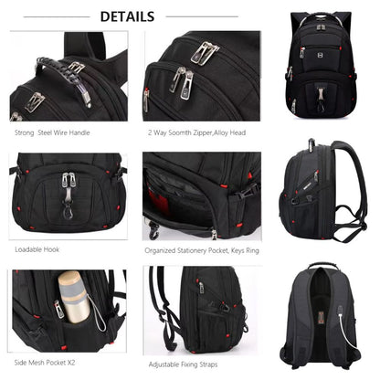 Swiss-Style 17-inch Multifunctional Travel Backpack with USB Port, Water-Repellent